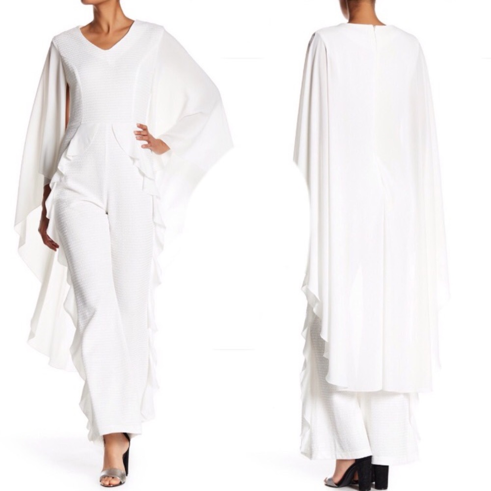 RUFFLED CAPE JUMPSUIT in black and white